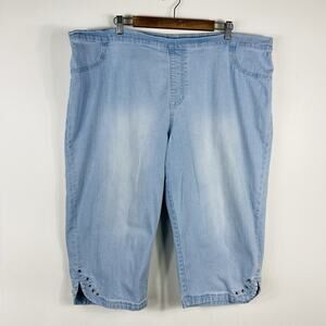 Catherines Capri Jeans 2X Blue Timeless Fit Pull On Embellished Hem